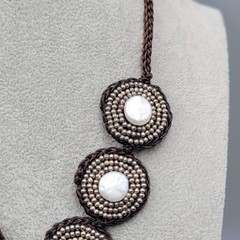 Artisan Real pearl Beaded Bib Necklace on Felt No Metal 20″