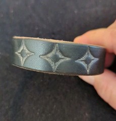 Black Leather Snap Button 8.5 Inch Bracelet Hand Made Three Star Pattern