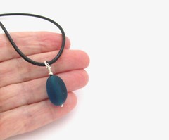 Sea Glass Necklace Black Cord Unisex Jewelry Aqua Blue Pendant Summer Beach Gift