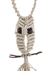 Vintage Macrame Owl Necklace w/ Wood Bead Eyes Boho 1970s