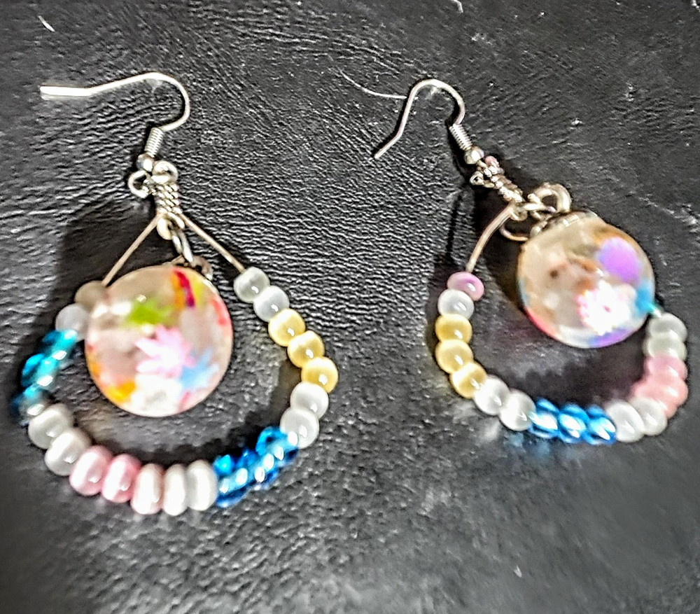 Handcrafted Silver Beaded Dangle Earrings w/ White Healing Rocks N Weed Leaves