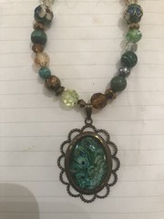 Green Peacock Cabochon Oval Pendant Topaz Crystal Bronze Hematite Necklace