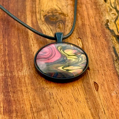 Pendant Necklace Handmade «Desert Sun» Black Bezel & Tray 30mm Black Cord