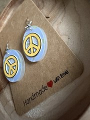 Handcrafted Peace Sign Round Dangle/Drop Earrings, Hook, Yellow Blue Oval