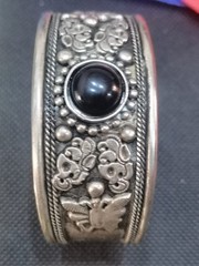 Handmade Antique Style Cuff Bracelet with Genuine Black Gemstone Artisan Jewelry