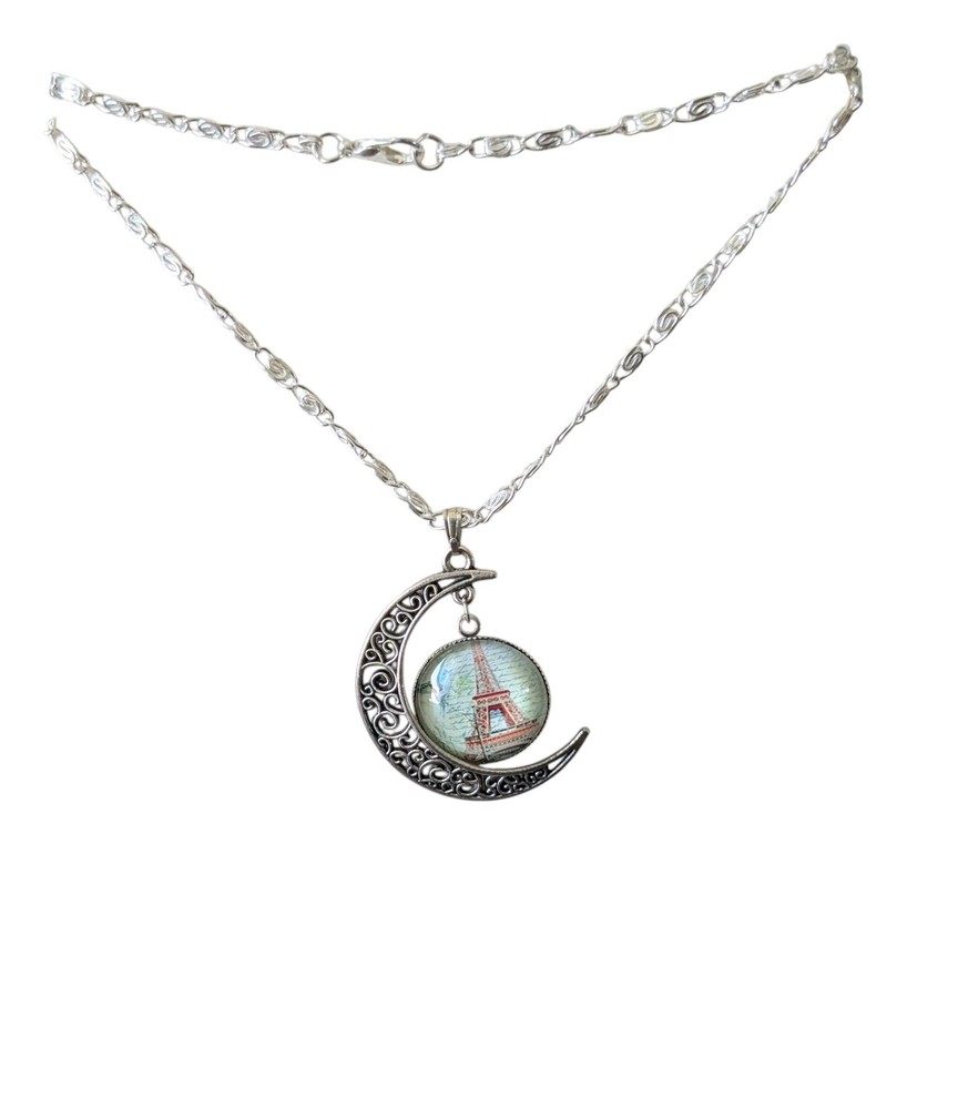 New Silver Crescent Moon Necklace with Eiffel Tower Pendant – Silver/Blue Accent