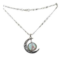 New Silver Crescent Moon Necklace with Eiffel Tower Pendant – Silver/Blue Accent