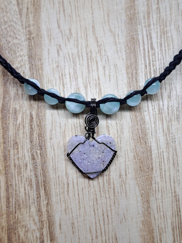 Louisiana Opal Heart Hemp Necklace With Green Moonstone Beads