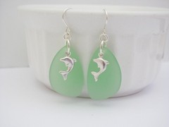 Sea Glass Earrings Sterling Silver Dolphin Bottle Green Birthday Resort Jewelry