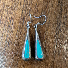 Turquoise Teardrop Dangle Earrings Silver Metal Bezel Set French Wire Hook