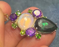 Jelly Opal, Amethyst + Chrome Diopside Silver Pendant. 1.5″ + 6g *Video*