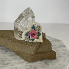Handmade CERAMIC HEART ROSE Flower Forget Me Nots 3D Pottery Vtg Artisan Brooch