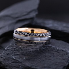 7mm Black and Rose Gold Plated Tungsten Grooved Ring, Engraved Celtic Knots