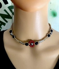 Handcrafted Adjustable Cord Beaded Necklace Black Beads Red Flower Charm Beige