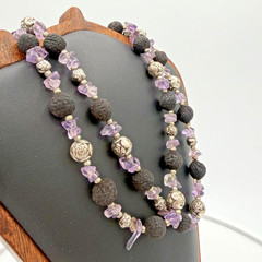 Vtg Boho Lava Rock Amethyst Gemstone Chip Silver Tone Rose Bead Long Necklace