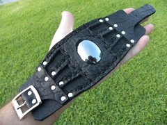 Black bracelet hematite stone genuine Buffalo Bison leather cuff adjustable