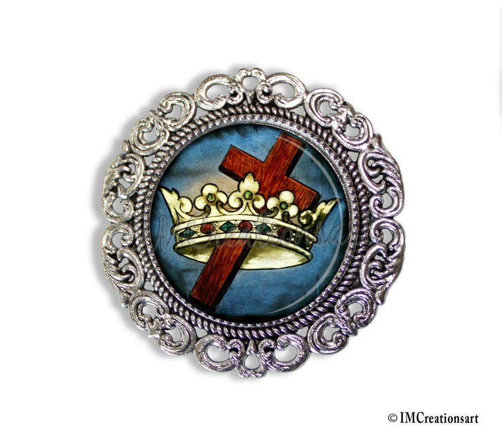 Spiritual Religious Cross and Crown Handmade Round Scroll BROOCH pin Jewelry