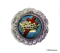 Spiritual Religious Cross and Crown Handmade Round Scroll BROOCH pin Jewelry