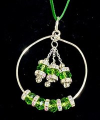 Green Glass Beads W/AB Clear Rhinestone Spacers On Silver Hoop & 28” Ribbon