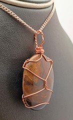 Copper Wire Wrap Tigers Eye Pendant. Handmade, Oval 2.25″