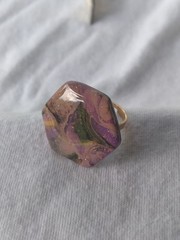 Handcrafted Gold Adjustable Polymer Clay Ring Pink Purple Green Hexagon Shaped