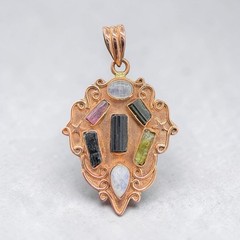 Multicolor Tourmaline Moonstone Copper Shield Pendant Handmade Pink Green Black