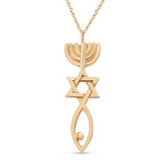 14K Gold Messianic Seal Jerusalem Star of David Menorah Fish Christian Necklace