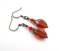 Vintage Glass Beaded Earrings Givre Old Red Antiqued Brass Danlge Holiday Gift