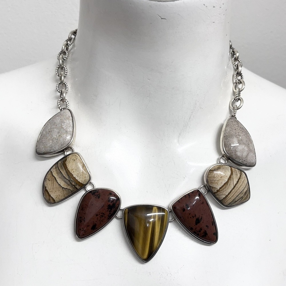 WK Whitney Kelly Sterling Stone Necklace 7 Large Stones Statement 18″ 19″ or 20″