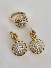 Turkish Handmade Jewelry Set 925 Sterling Silver Gold Plated Zircon Earrings Rin