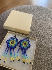 Handmade Beaded Dangle Earrings In Colorful Blues and Yellow 3 Inches. New