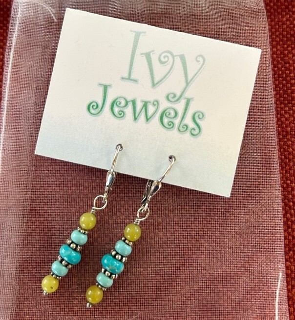 Handcrafted Artisan Earrings Sterling Silver W/Turquoise and Serpentine Jade