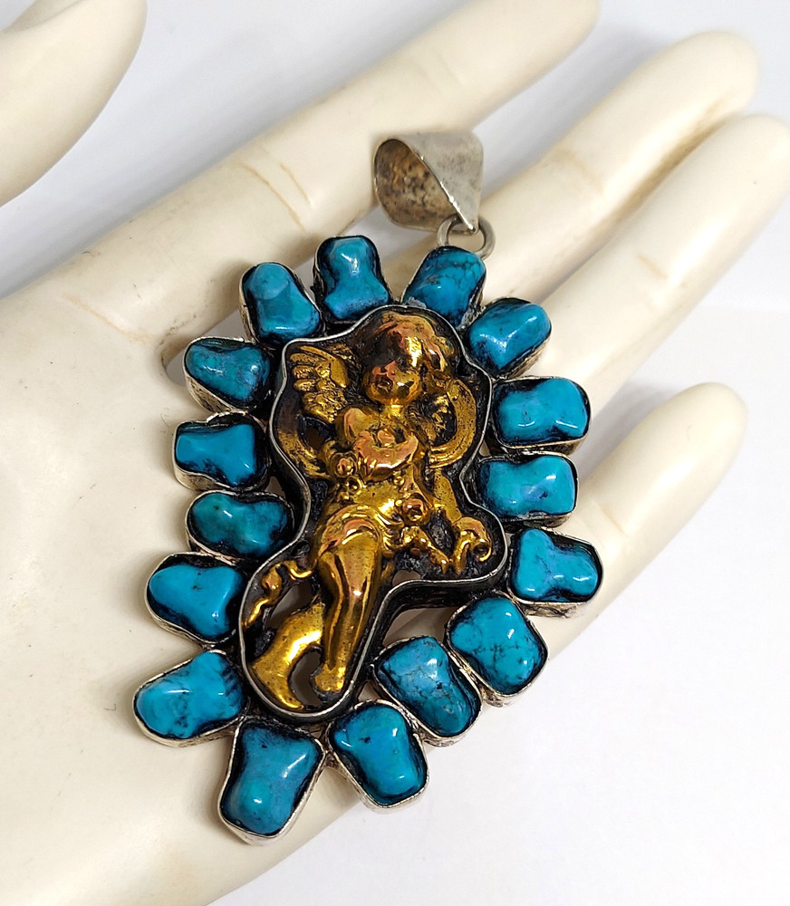 vtg large Turquoise mixed metal Angel Pendant handmade Silver Bronze/Brass OOAK