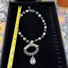 Adorned Crown Jewelry assemblage bead rhinestone pendant green ribbon necklace