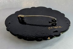 4 Lacquer Russian Pins Brooch Handmade Signed Painted Floral Flowers