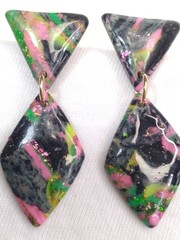 Handcrafted Earring Chain Necklace Set Polymer Clay Black Neon Pink Green Yellow