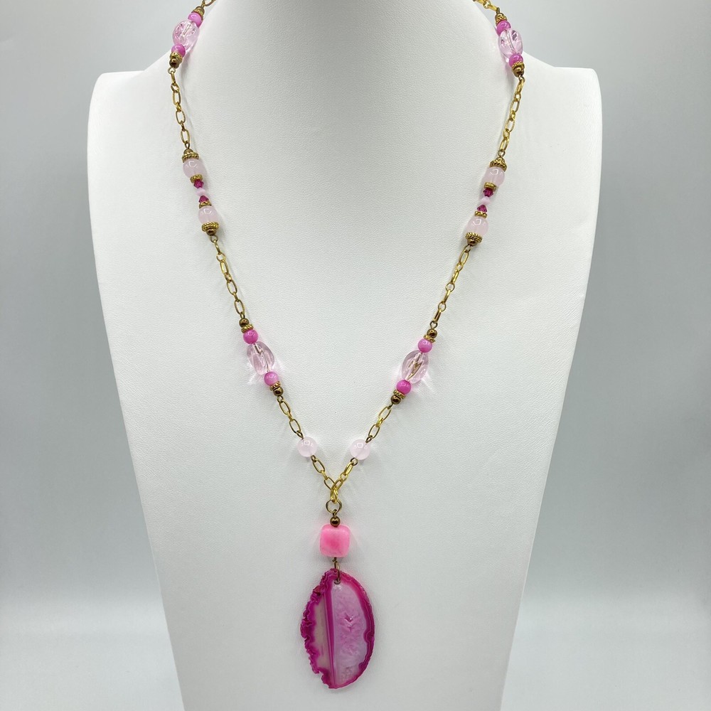 Gold Tone Glass Bead Hot Pink Geode Style Pendant Necklace Toggle Closure 24″