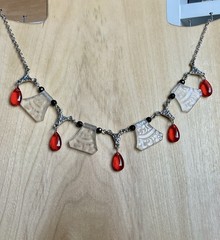 Vintage Style Necklace-Vintage Etched Glass Beads, Red Teardrop Beads, 16-19”