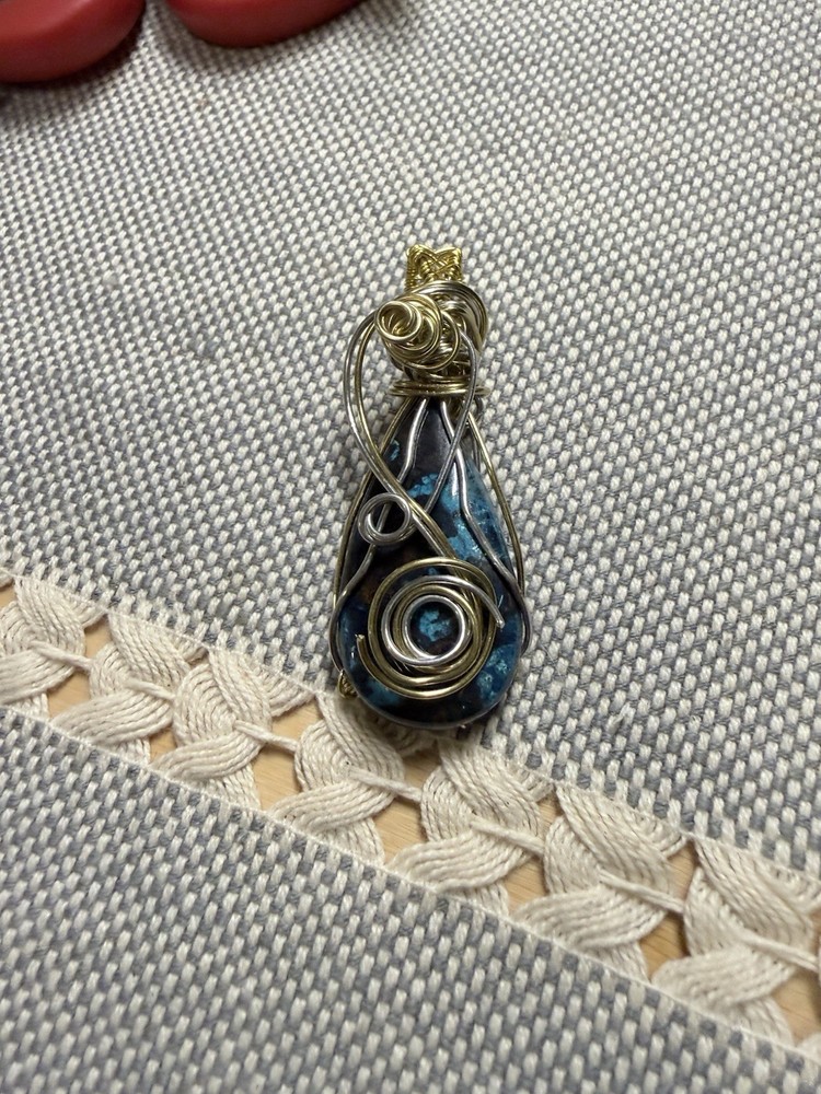 Wire Wrapped Chrysocolla In Gold And Silve Over Copper Non Tarnish Pendant