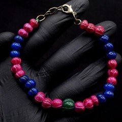 Pink Ruby ,Blue Sapphire & Emerald 90 Cts Carved Beaded Bracelet VK 42 E616