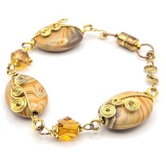 Handmade Wire Wrapped Swirl Glass Bead Bracelet Gold Tone Magnetic Clasp 7″