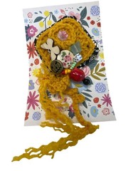 Handmade Brooch OOAK Yellow Crochet Embellished Charm Pin Shabby Chic 5″ Jumbo