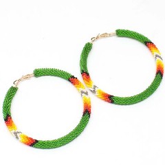 Handmade beaded Green 3 inch Native style hoop earrings
