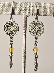 Antique Bronze Boho Mandala Charm Earrings With Yellow & Green Glass Beads