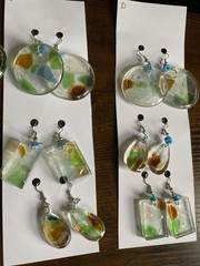 3 Pairs Resin Multicolor Beach Glass Silver Plated Dangle Lobe Earrings w Beads