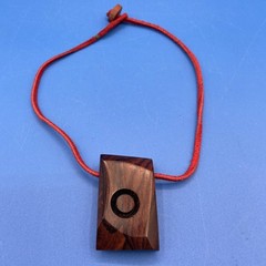 NECKLACE vintage ARTISAN made dark wood pendant Modernist CARVING red lacing 17″