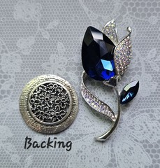 Large Dark Blue Floral MAGNETIC brooch silver-tone AB. Pin Free Magnetic clasp