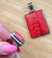 Size 7 Cushion Cut Coral Sterling Silver Ring Modernist + HUGE 1.75” Pendant