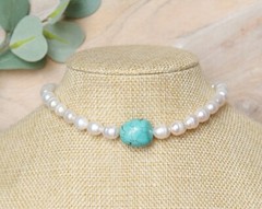 Freshwater Pearl and Raw Turquoise Stone Choker, Summer Choker, Beach Choker