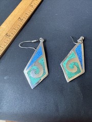 Sterling silver 925 crushed turquoise lapis inlaid earrings Mexican Southwestern